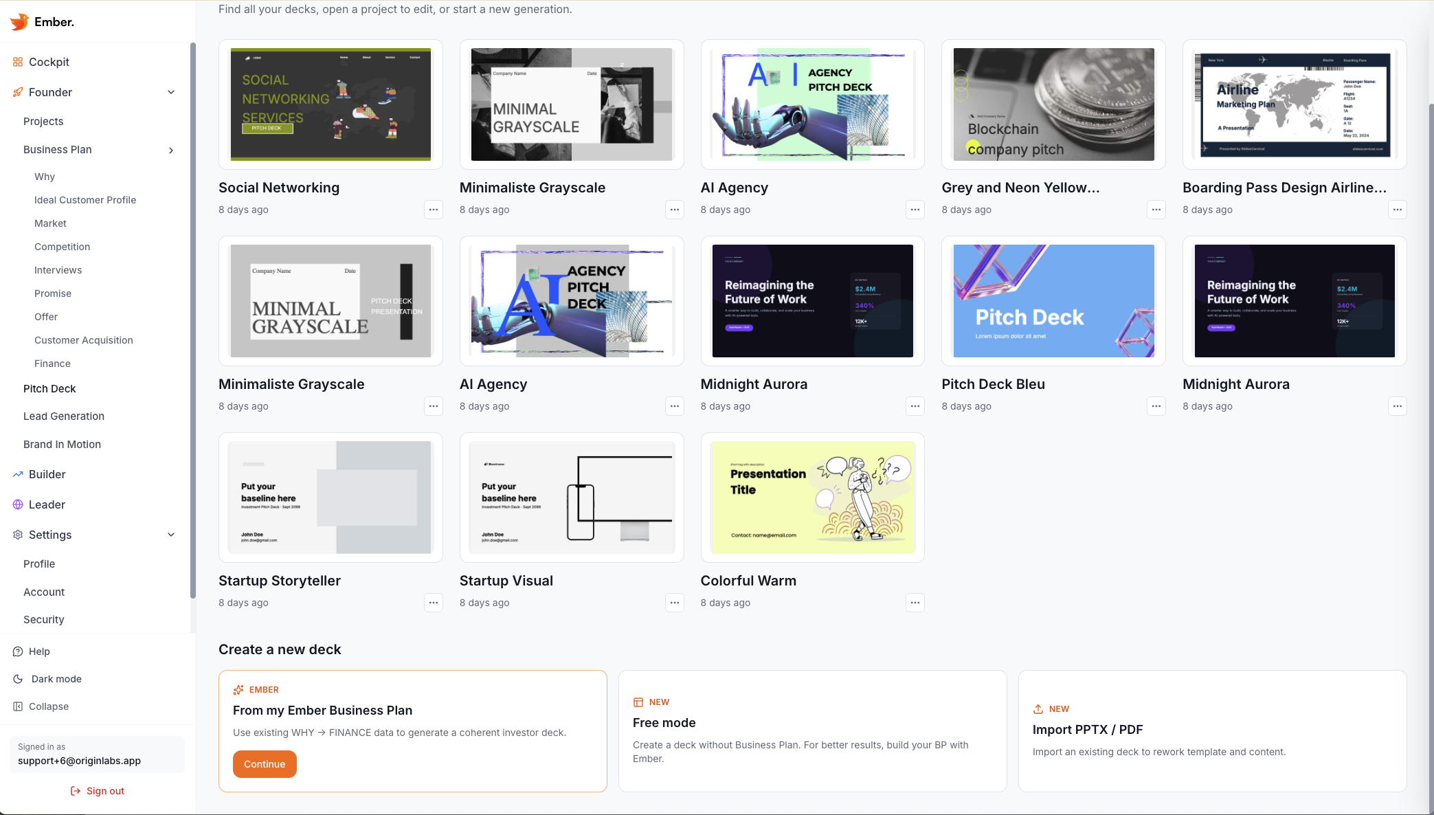 Ember Pitch Deck — Projects gallery and deck creation