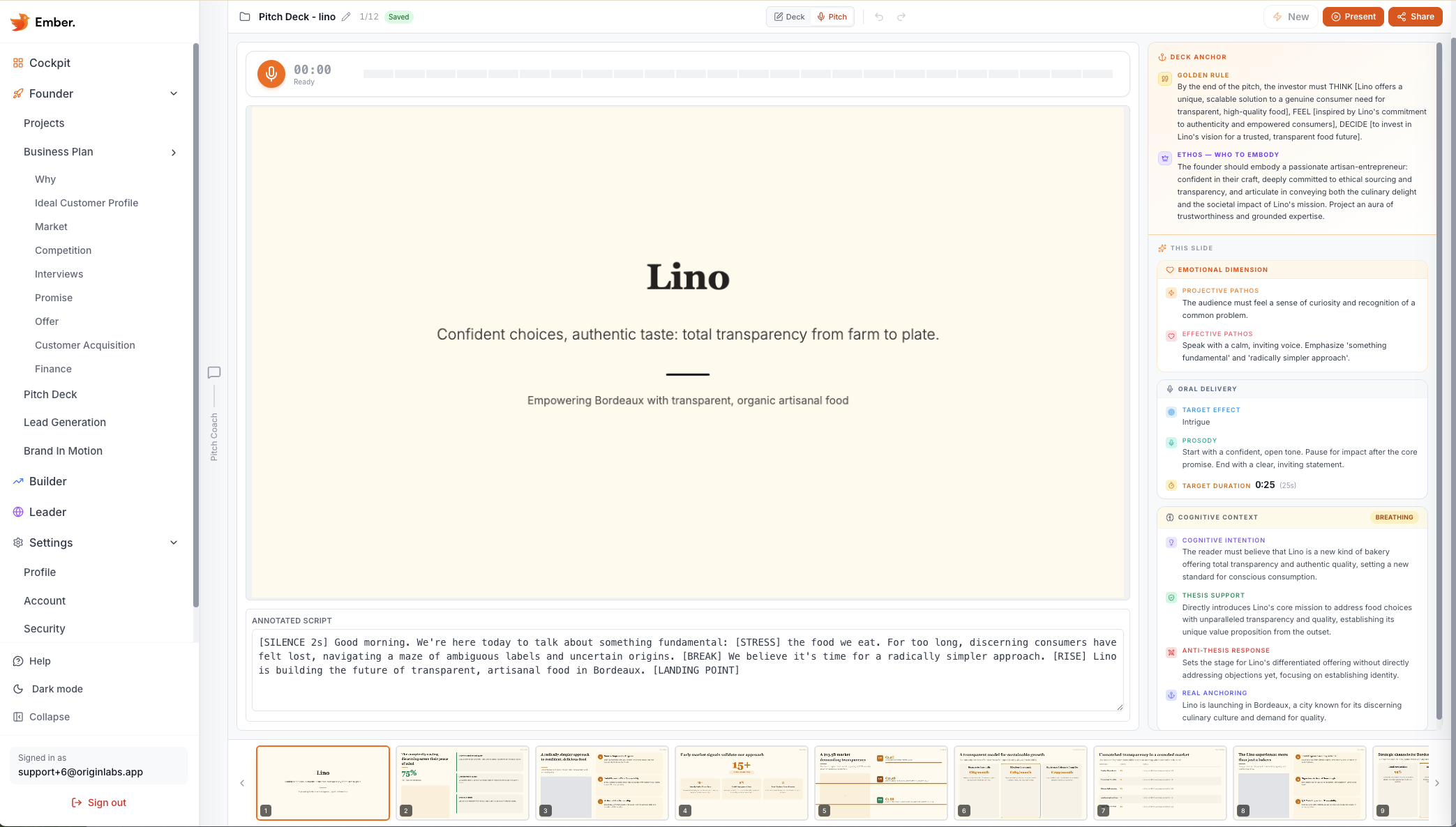 Ember Pitch Deck — Presenter mode with annotated script